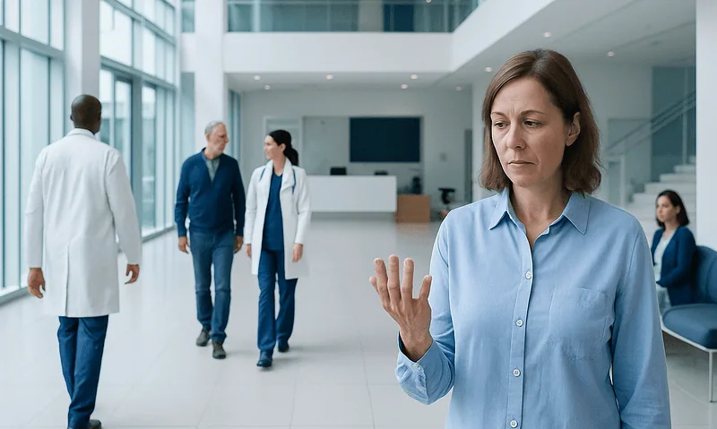 Woman in hospital waiting area looking at her hand with concern.