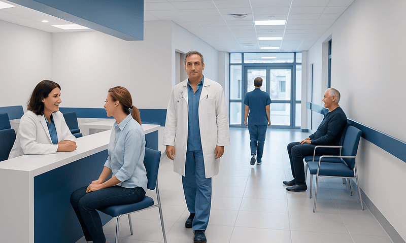 Medical professionals and patients in a modern hospital corridor.