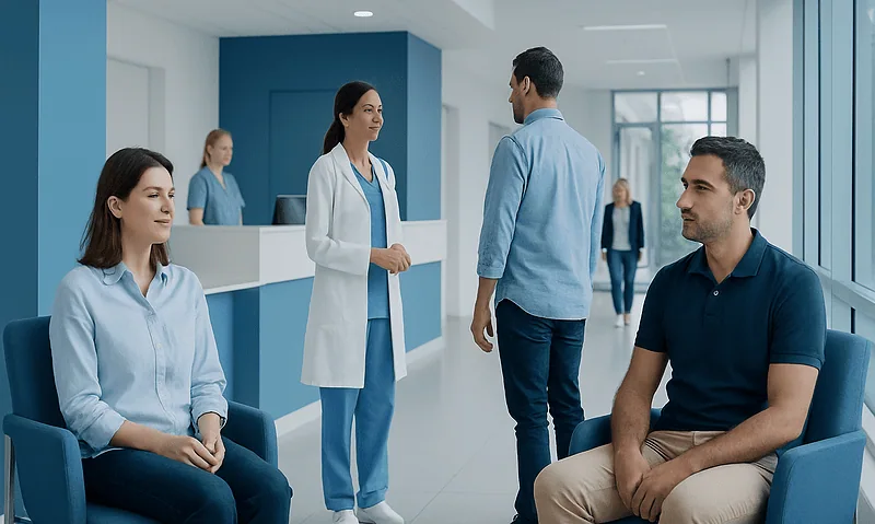 Patients waiting in a hospital lobby with medical staff nearby.