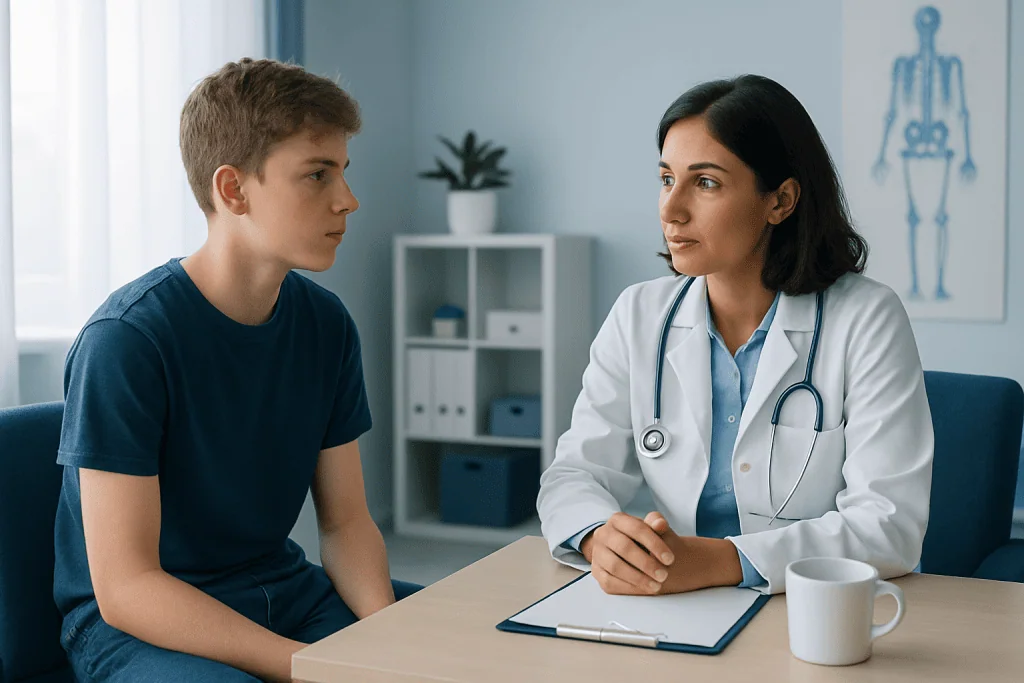 Doctor consulting with a young patient in a medical office.