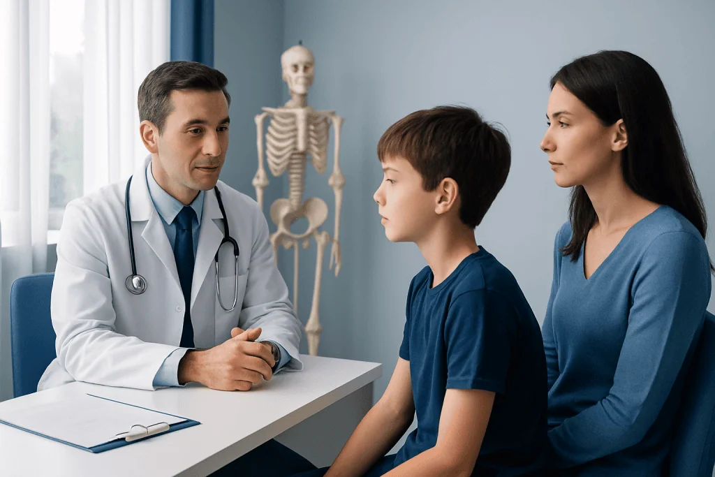 Doctor consulting with a boy and his mother in a medical office.