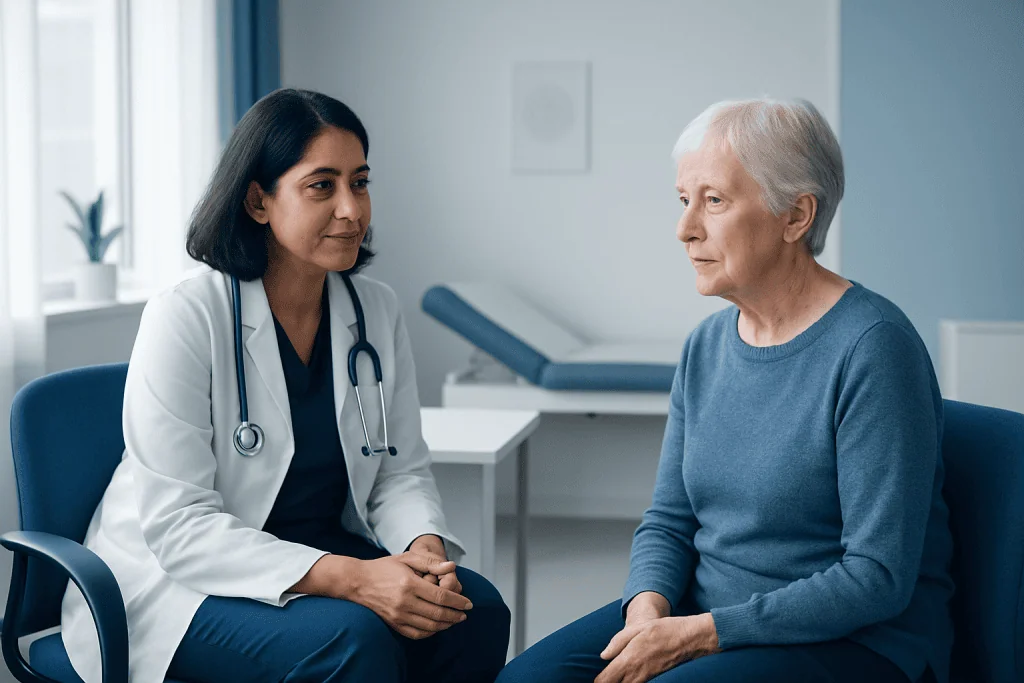 Doctor consulting with elderly patient in a medical office.