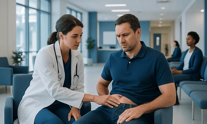 Doctor examining a patient in a hospital waiting area.