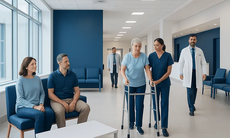 Patient walking with nurse in hospital corridor with visitors seated nearby.