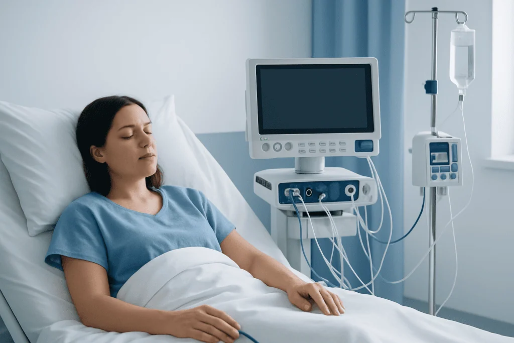 Patient resting in hospital bed with medical monitoring equipment nearby.