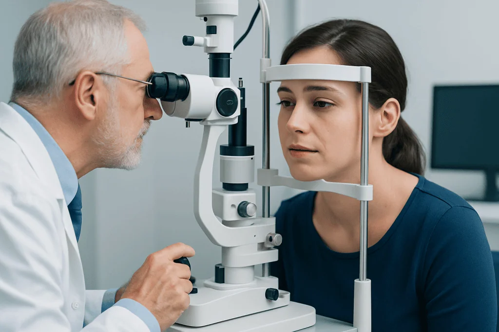 Ophthalmologist examining a young woman's eye with a slit lamp.