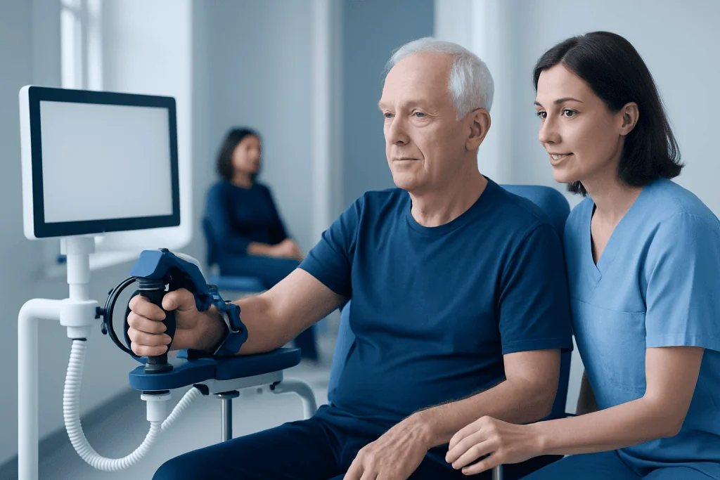 Senior man undergoing stroke rehabilitation with medical staff assistance.