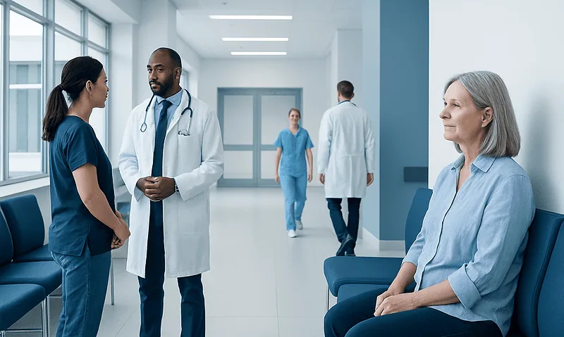 Medical consultation in hospital corridor with doctors and patient.