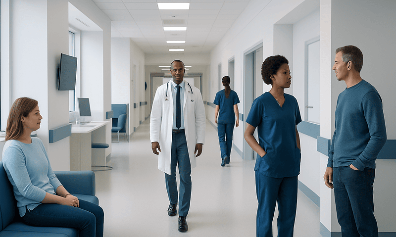 Red 40 — Explained by Medical Evidence, Not Myths 3 Hospital corridor with medical staff and patients engaging in conversation.