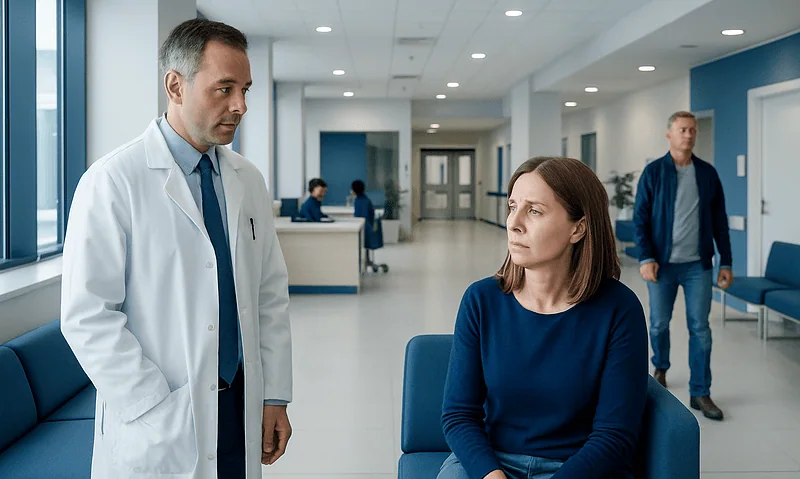 Doctor consulting a patient in a hospital corridor.