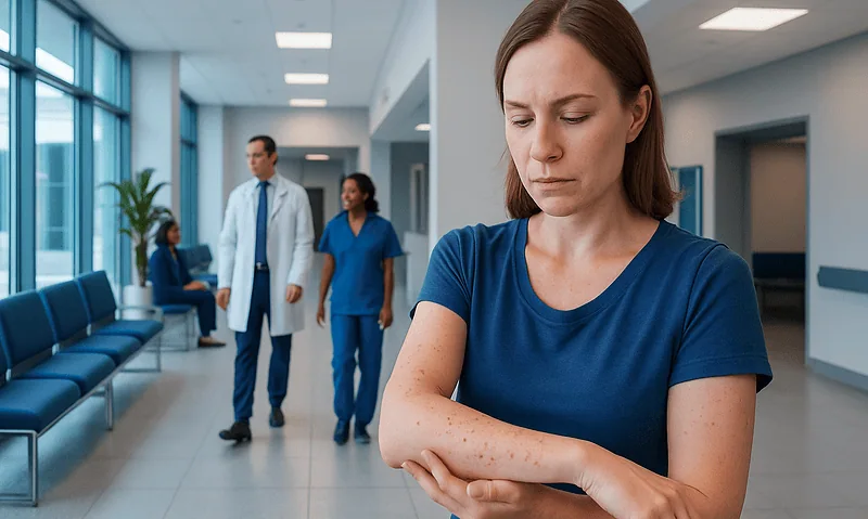 Woman with skin rashes in a hospital corridor, healthcare professionals in background.
