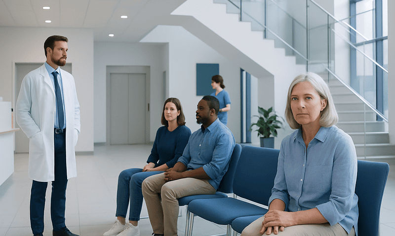 Red knuckles: Symptoms, Causes, and Treatment — Complete Patient Guide 14 Doctor consulting with patients in a modern hospital waiting area.