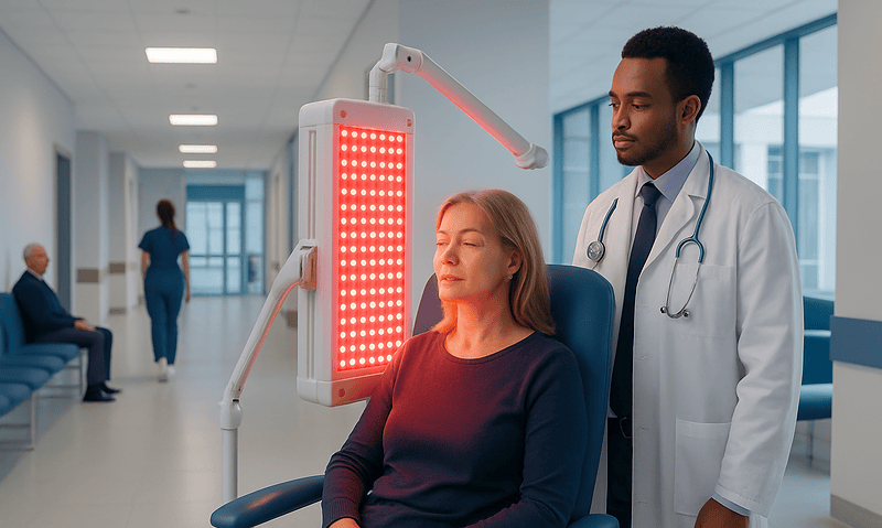 Patient undergoing red light therapy treatment in a hospital setting.