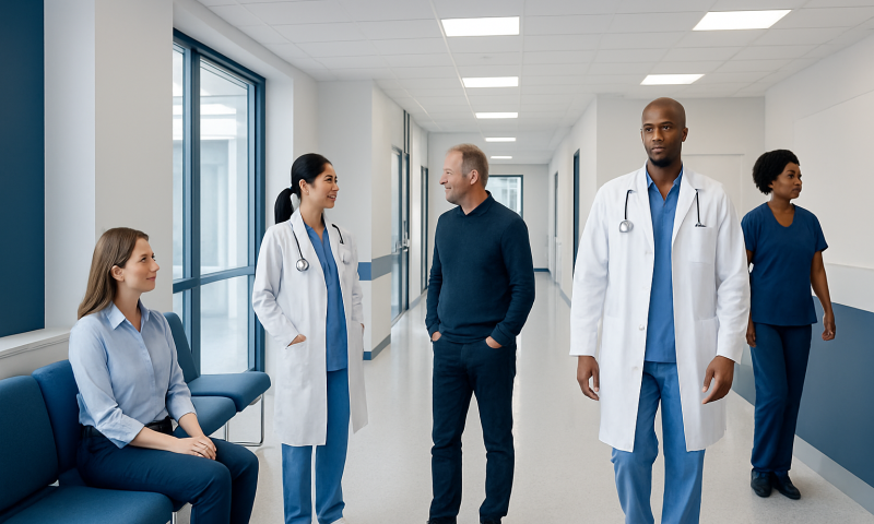 Medical team in hospital corridor discussing patient care and treatment.