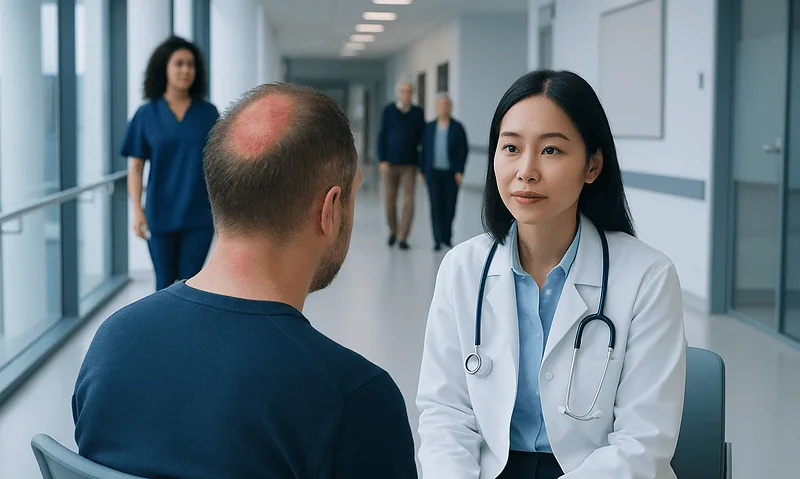 Doctor consulting a patient in a hospital corridor with medical staff in background.