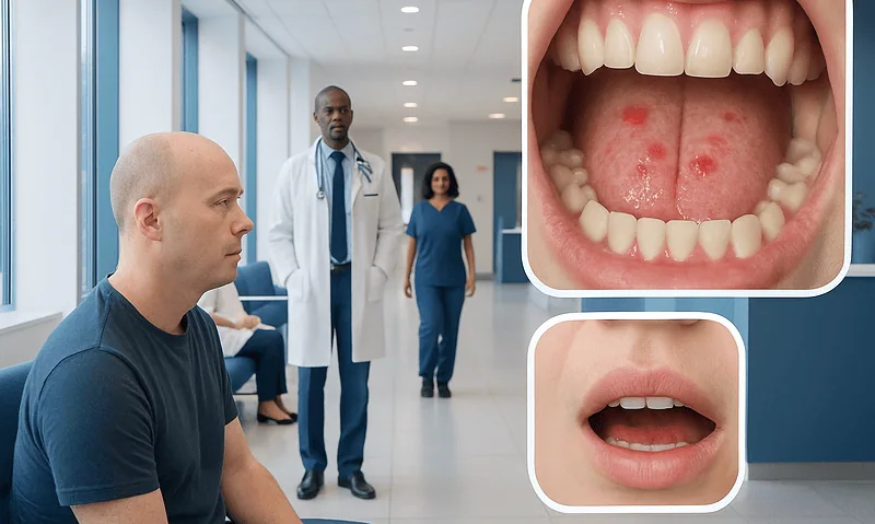 Patient with mouth sores consulting with doctors in hospital corridor.