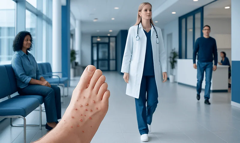Close-up of foot with red spots in hospital corridor with medical staff and patient.