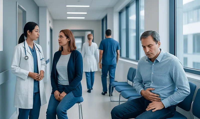 Patient experiencing abdominal pain in hospital corridor with medical staff nearby.