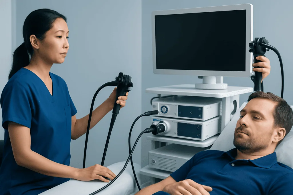 Medical professional performing an endoscopy on a patient in a clinical setting.
