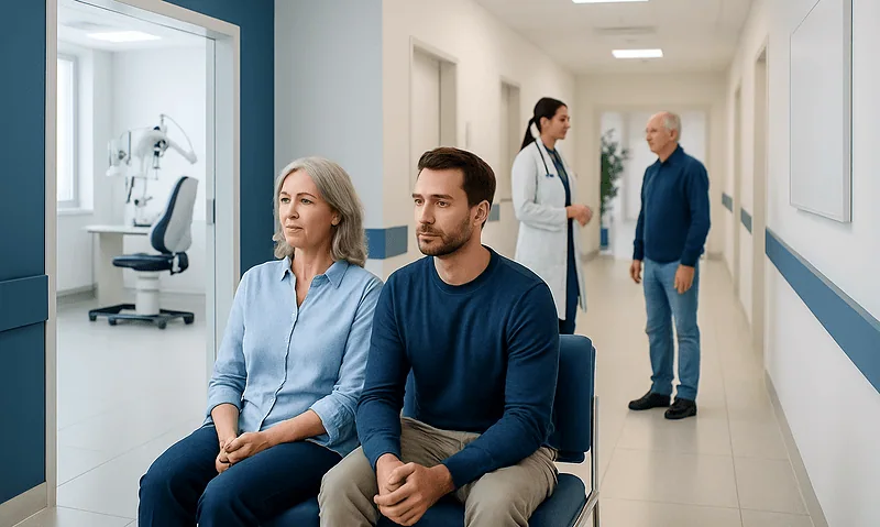 Patients waiting in a hospital corridor with medical staff in the background.