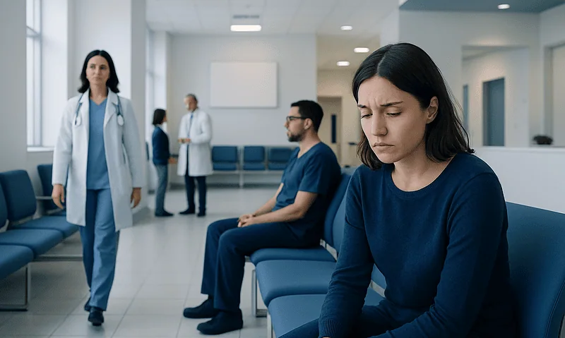 Young woman waiting in hospital corridor looking worried.