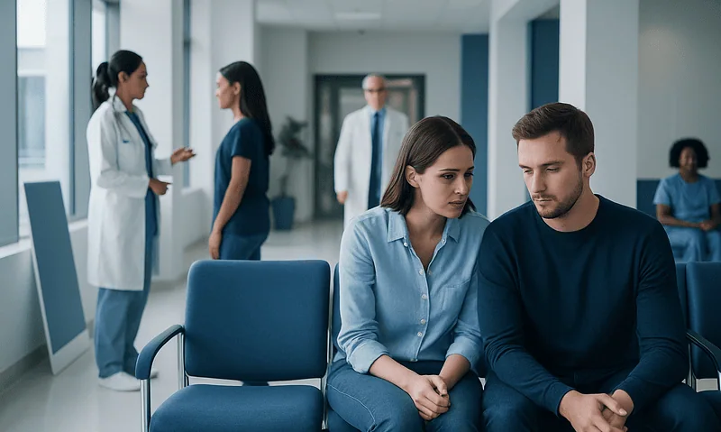 Patients waiting in a hospital corridor with medical staff in the background.
