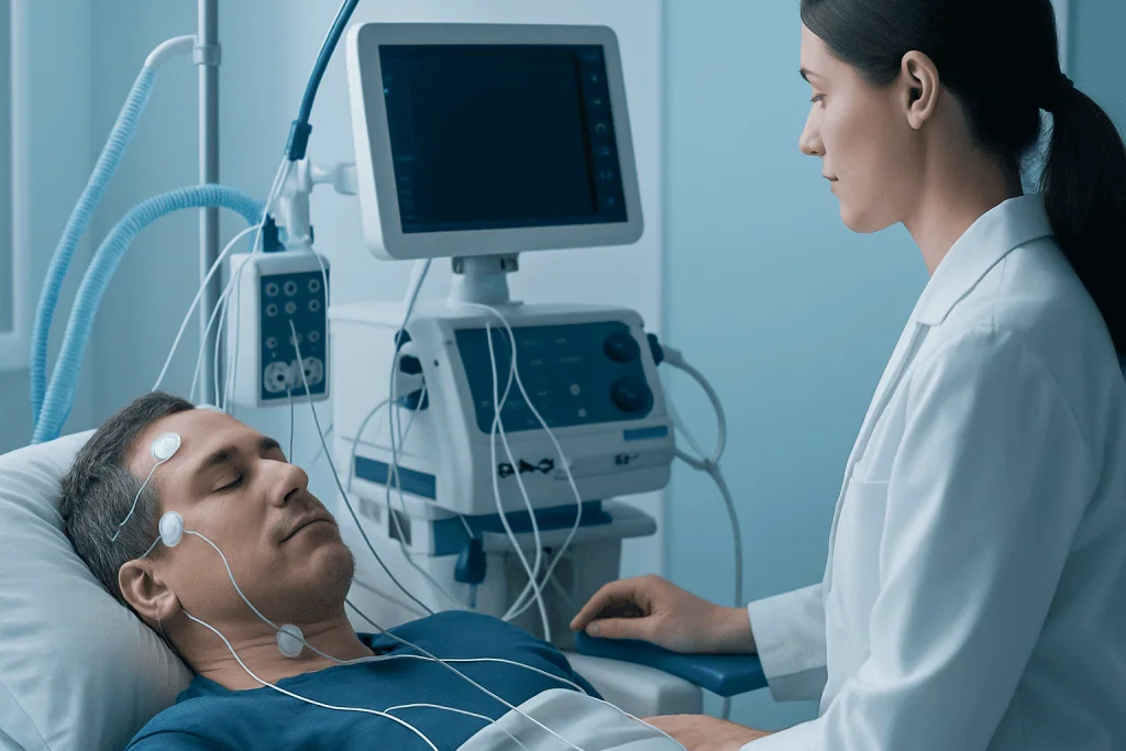 Patient undergoing a sleep study with monitoring equipment in a hospital.