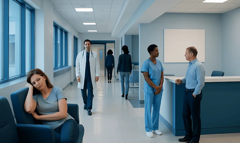 Hospital corridor with patients and staff at Acibadem Hospitals Group.