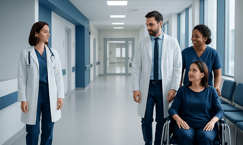 Medical team consulting with patient in hospital corridor at Acibadem Hospitals Group.