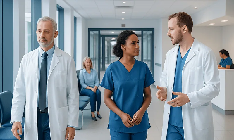 Medical team discussing patient care in hospital corridor.