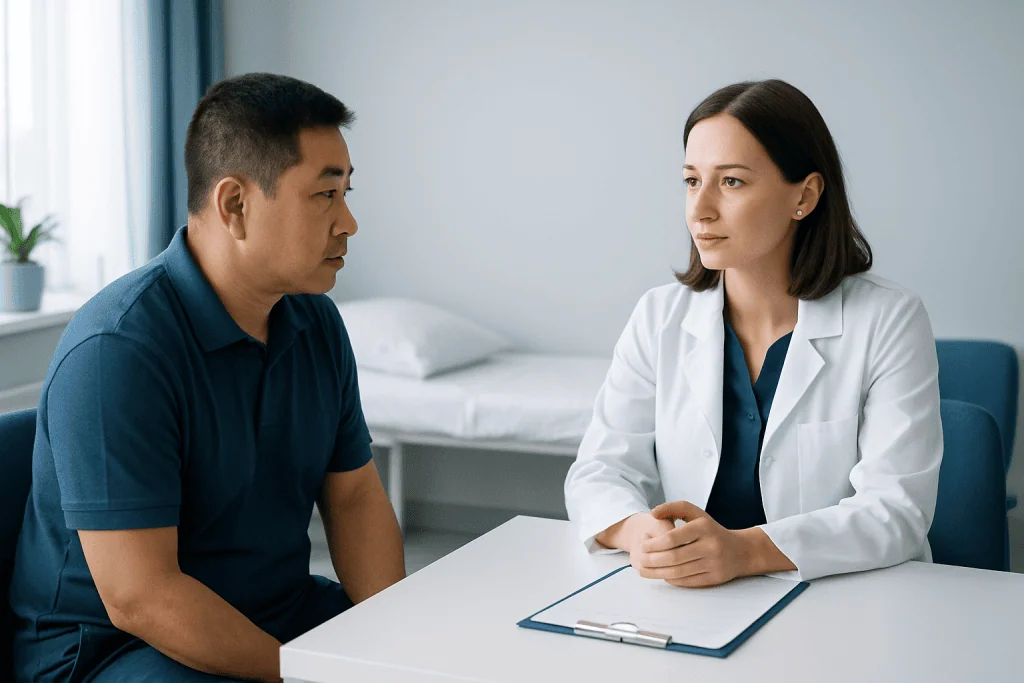 Doctor consulting with patient in a clinical setting.