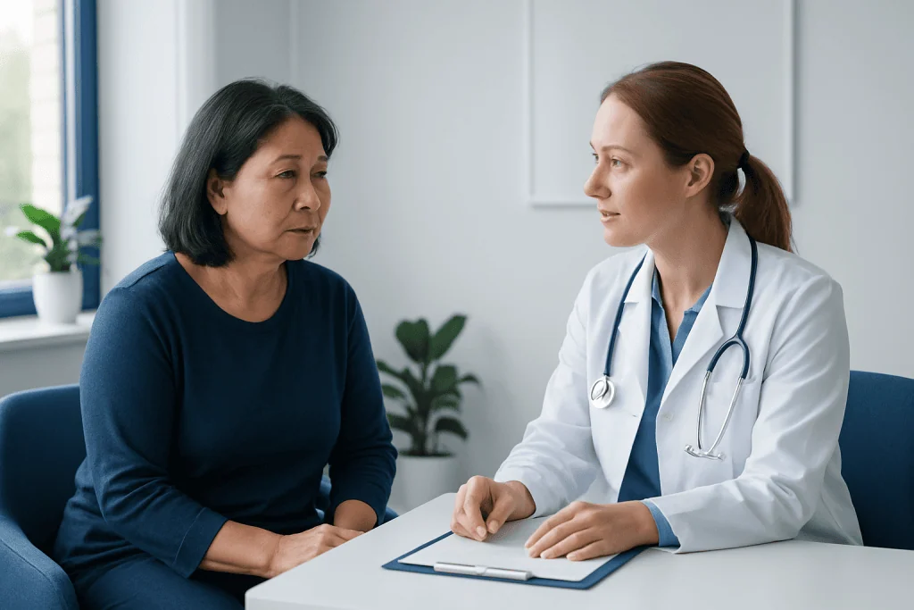 Doctor consulting with a female patient in a medical office.