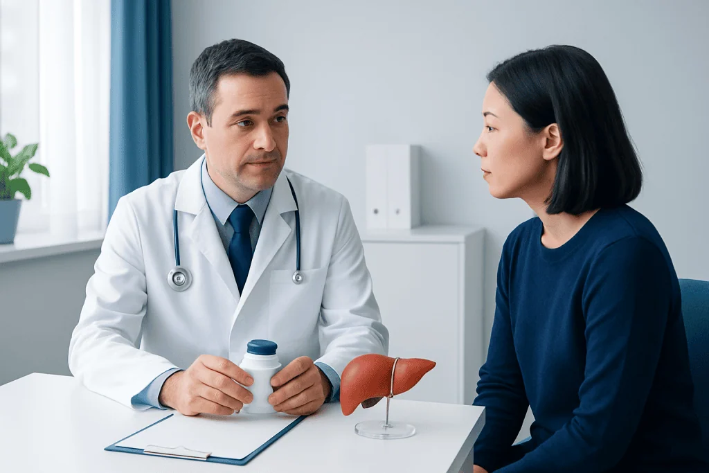 Doctor explaining liver health to a patient in a consultation room.