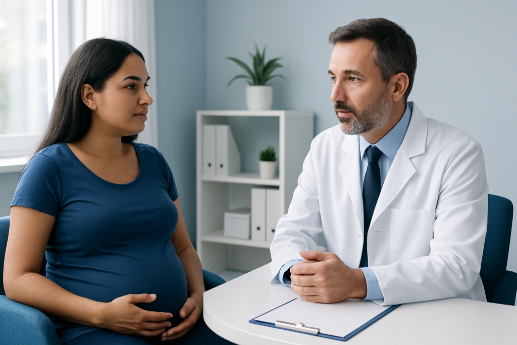 Pregnant woman consulting with a doctor in a medical office.