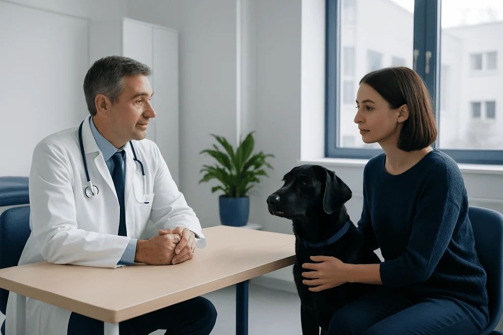 Veterinarian consulting with a woman and her dog in a veterinary clinic.