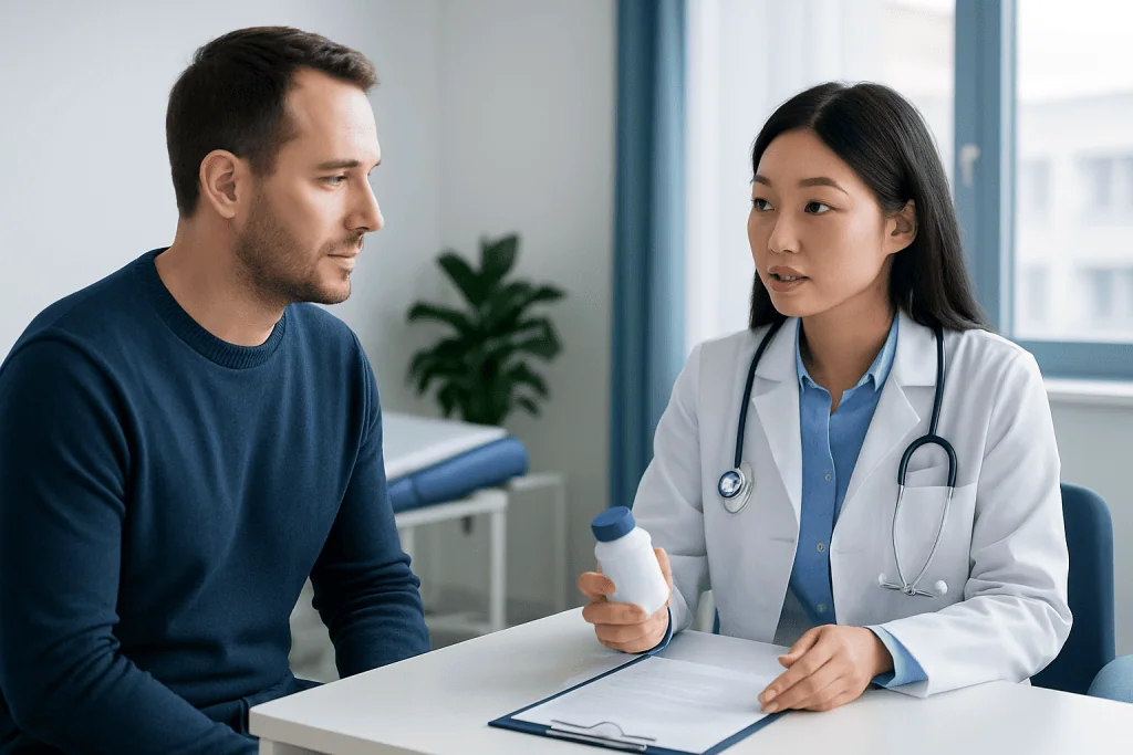 Doctor consulting with male patient in a medical office setting.