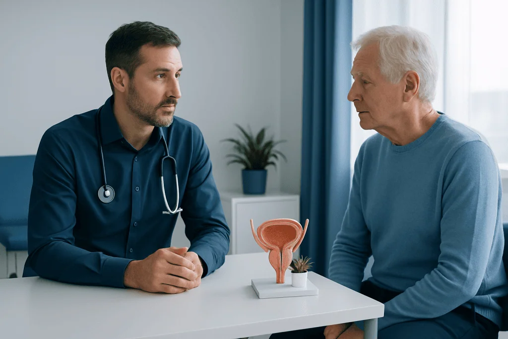 Urologist consulting with elderly male patient about prostate health.