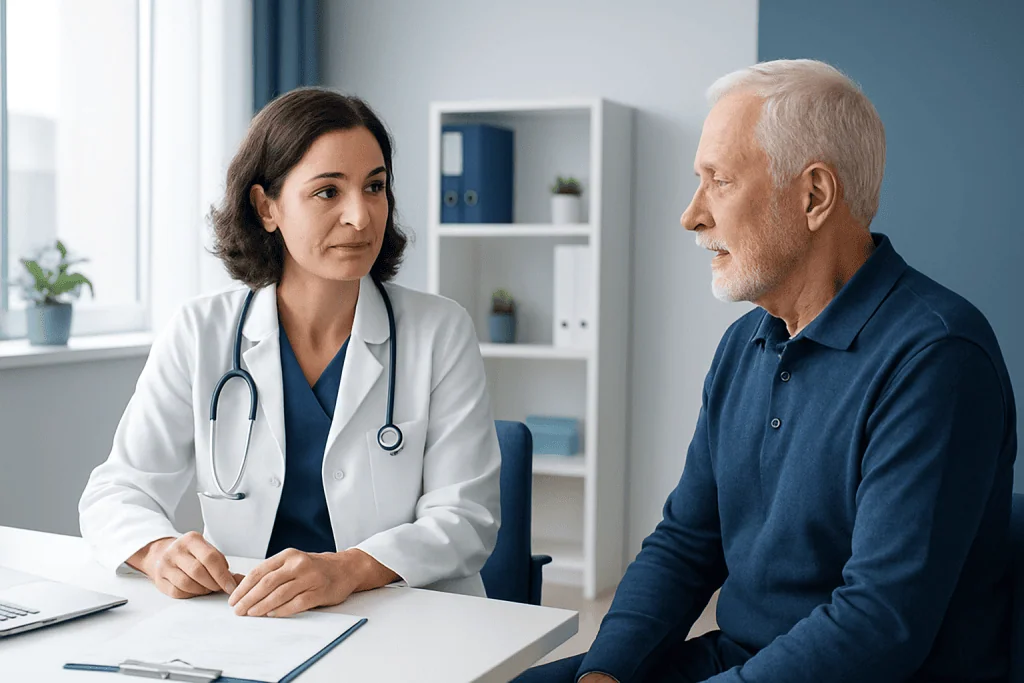 Doctor consulting with an elderly male patient in a medical office.