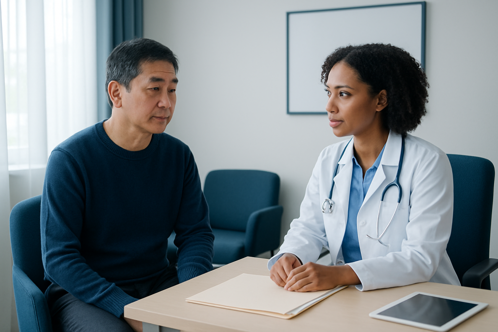Doctor consulting with a patient in a modern medical office setting.