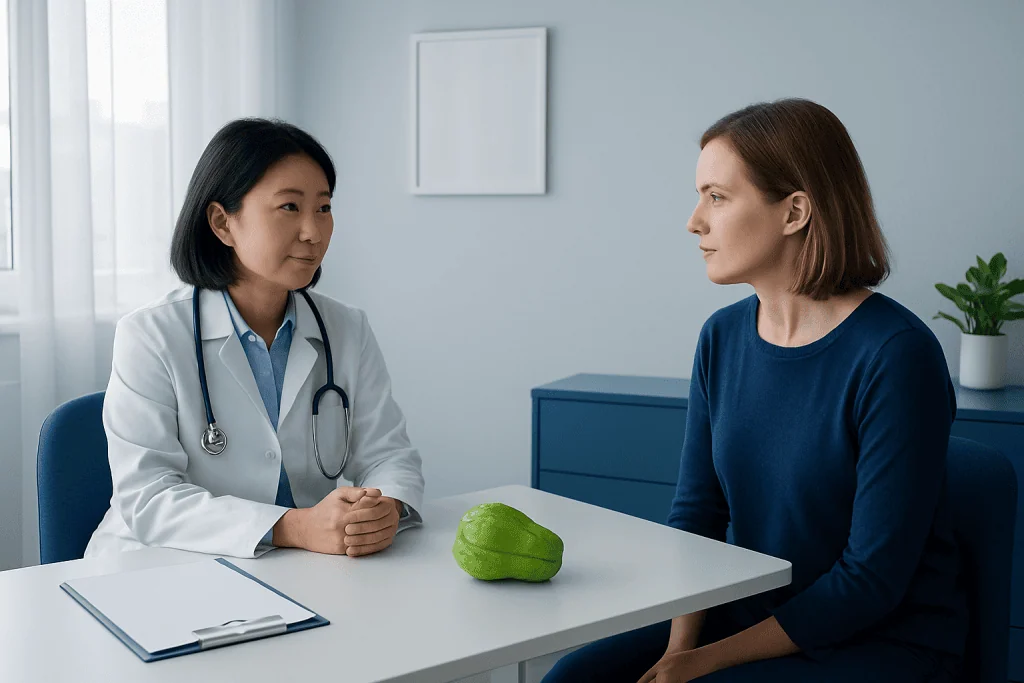Doctor consulting with a patient in a medical office with a chayote on the table.