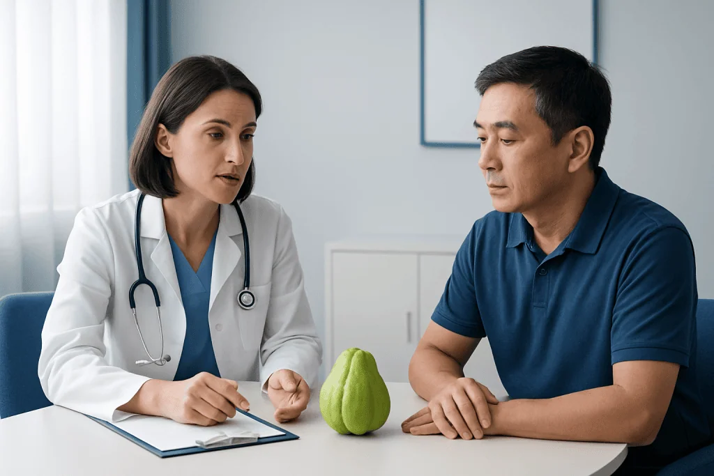Doctor consulting with patient about health in a medical office.