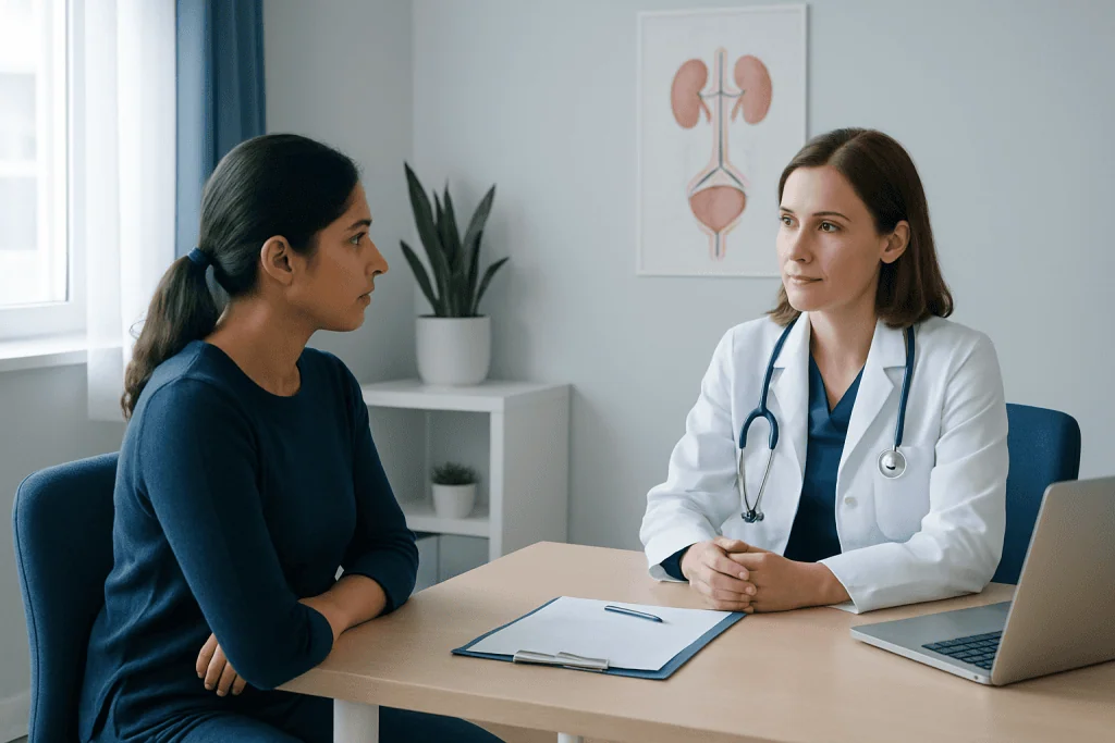 Doctor consulting patient in a medical office with anatomical kidney diagram.