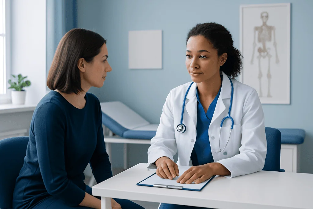 Doctor consulting with a patient in a modern hospital room.