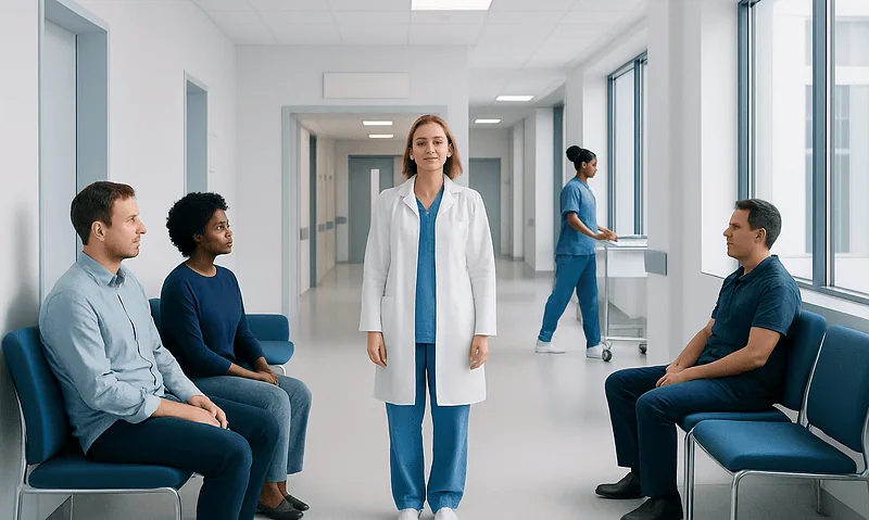Medical professionals and patients in a hospital corridor.