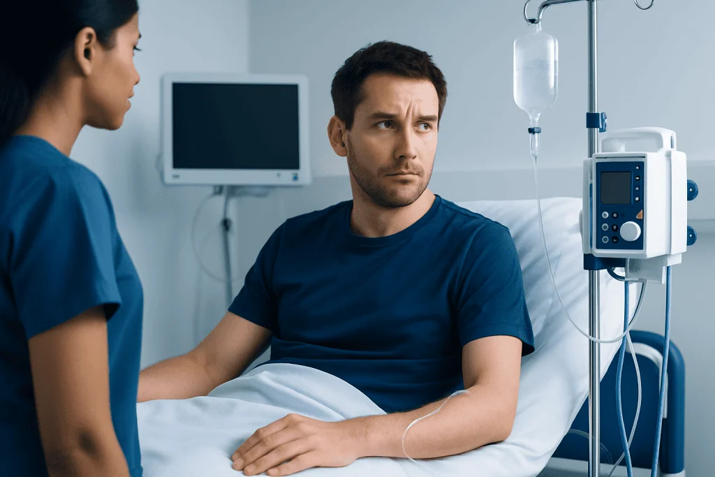 Patient in hospital bed during medical consultation at Acibadem Hospital.