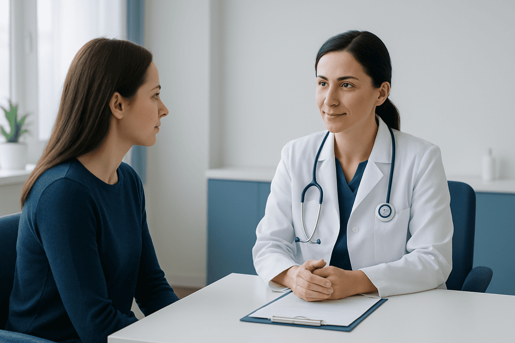 Doctor consulting with a patient in a modern medical office.