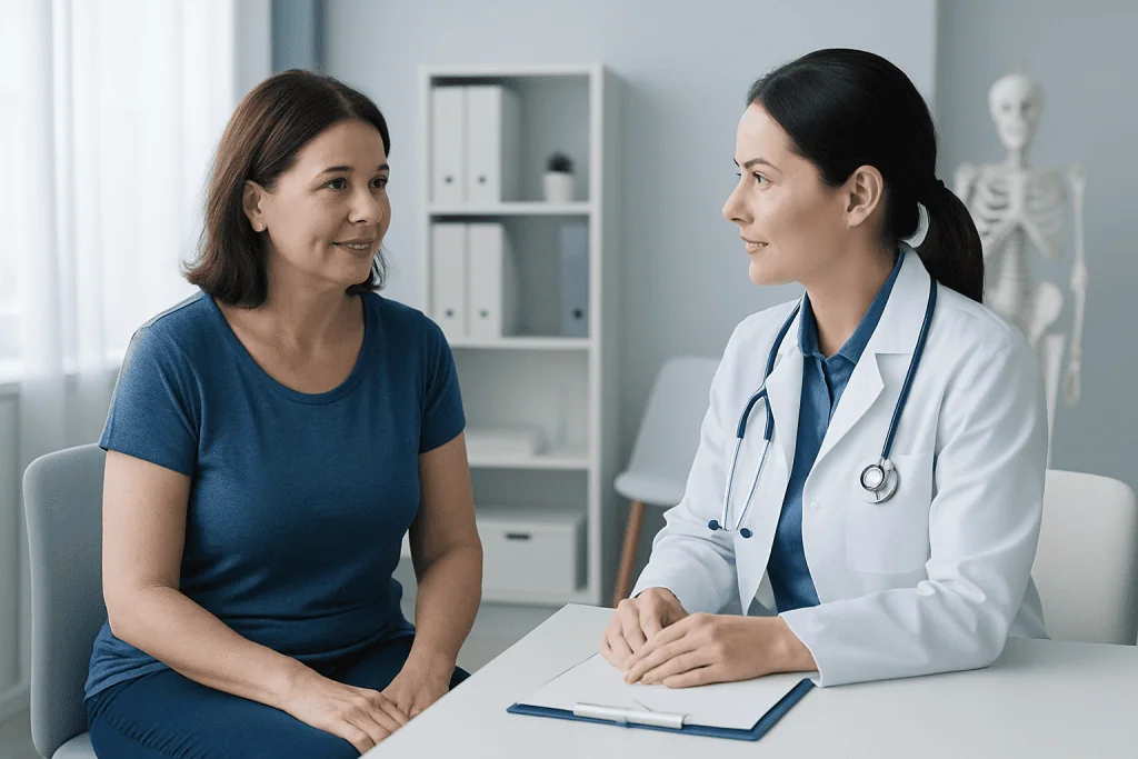 Doctor consulting with a female patient in a medical office setting.