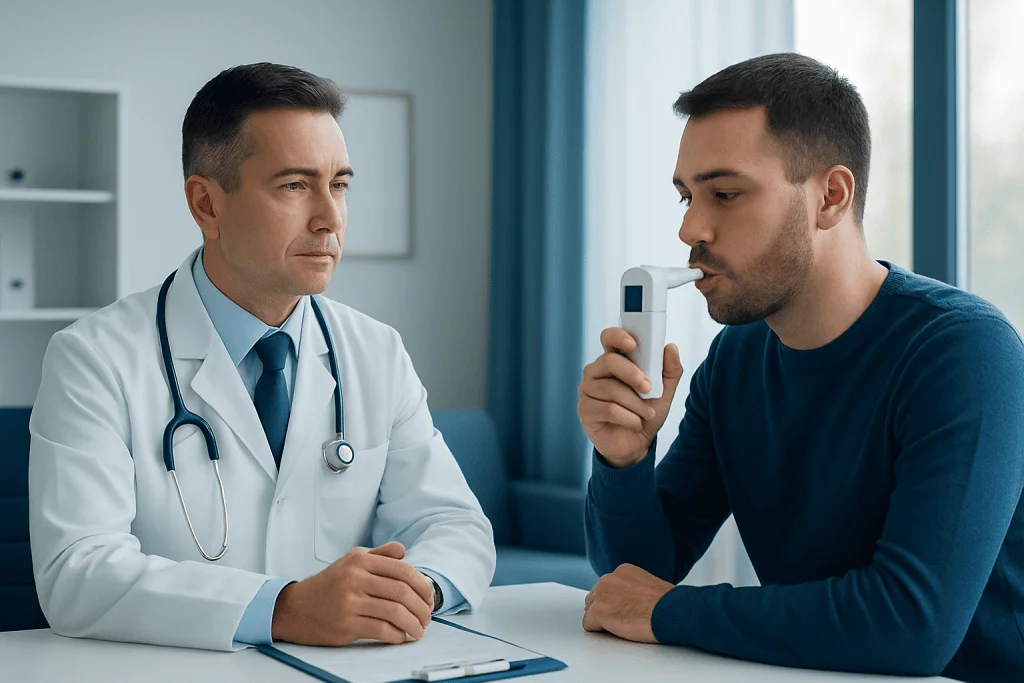 Doctor using a breathalyzer device during a medical consultation.