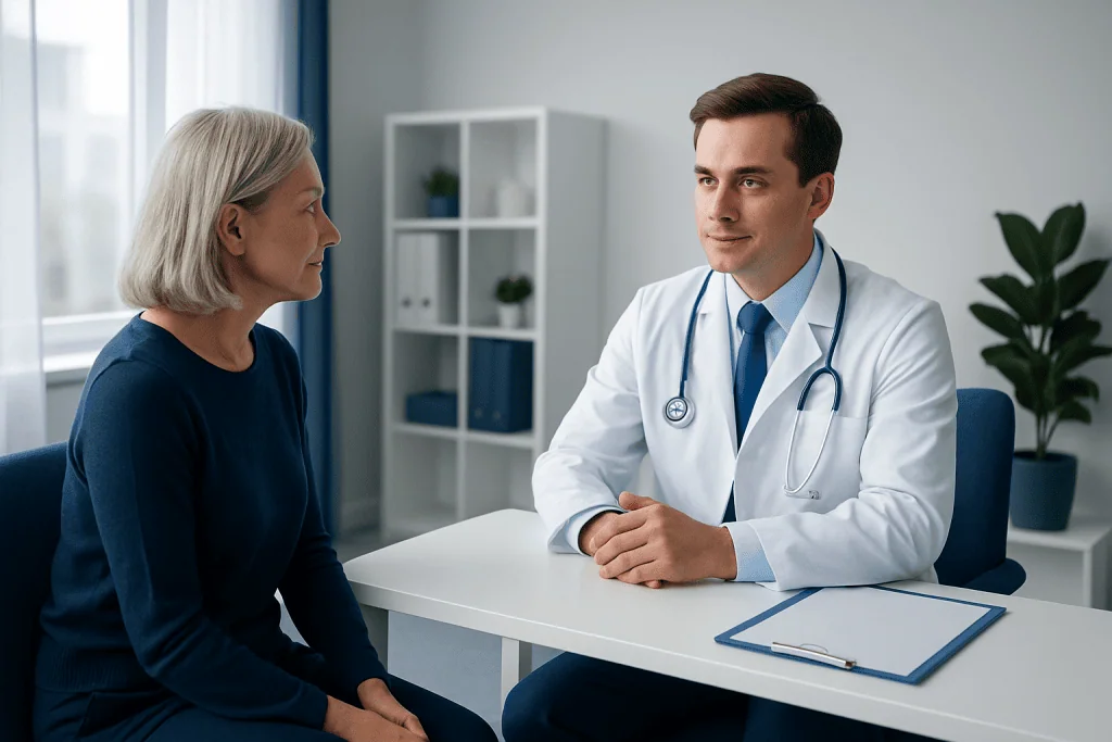 Doctor consulting with an elderly woman in a modern clinic setting.