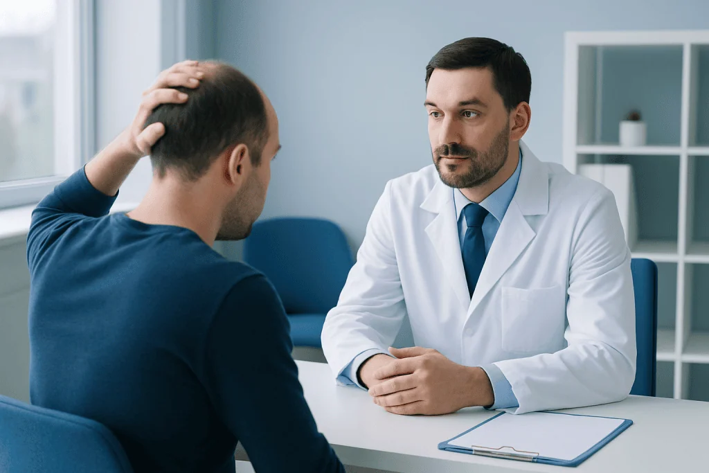 Doctor consulting with patient about hair thinning treatment options.